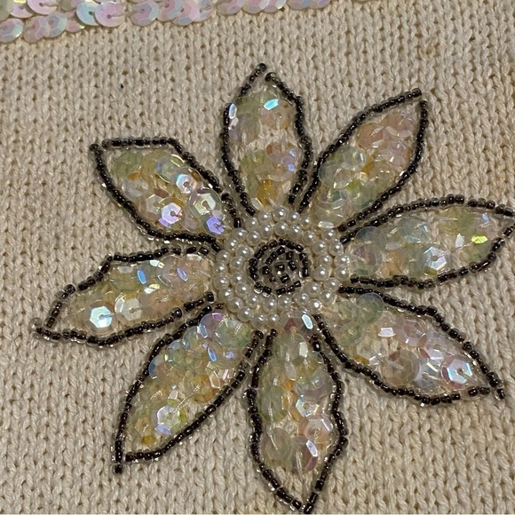 Vintage Work In Progress Ivory Sequin Beaded Cotton Blend Crewneck Sweater, M - Picture 4 of 10
